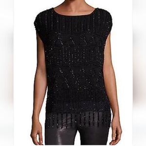 Joie Cecile Black Geometric Beaded Fringe Tassel Sleeveless Tunic Top Sz XSmall